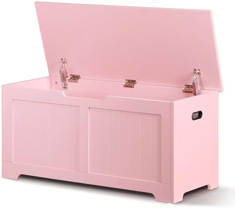 SUPER DEAL Storage Chest, 39 inches Chest Box Organizer with 2 Safety Hinges, Wooden Entryway Shoe Organizer Storage Bench, Pink by Superdeal