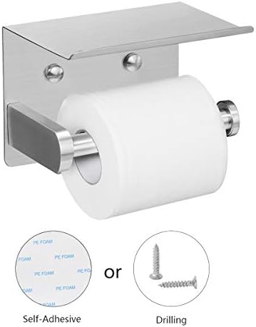 VAEHOLD Self Adhesive Toilet Paper Holder with Phone Shelf Stainless Steel Wall Mounted Toilet Paper Roll Holder - Rustproof and Bathroom Washroom Tissue Roll Holder with Storage Shelf - Silver - Image 2