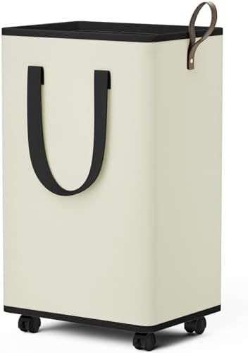 SpaceTrove Rolling Laundry Basket with Wheels, Laundry Hamper, 80L, Cream by Unknown