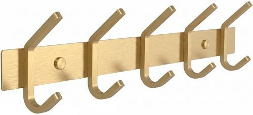 Brushed Gold Wall Mounted Coat Rack – 15 Inch Stainless Steel Rail with 5 Double Coat Hooks for Entryway, Bathroom, Bedroom, Kitchen – Modern Gold Hook Rack for Coats, Hats, Towels by SAYONEYES