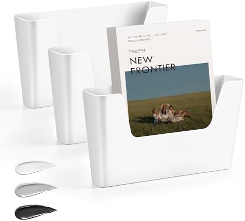 JOMOLA No Drilling File Holder 3 Pack Mail Organizer Wall Mount File Organizer Holder Office Wall Hanging Files Magazines Organizer Plastic Door Mount Wall Pocket with Adhesive Pad, White Color by JOMOLA