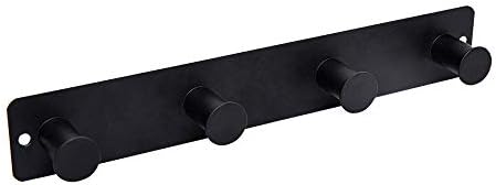 Small Coat Rack Wall Mounted, Black Coat Hooks Adhesive & Screw in, Stainless Steel Wall Hooks for Hanging Hat Towels Clothes, Metal Hook Rail with 4 Round Hangers by AJLTPA