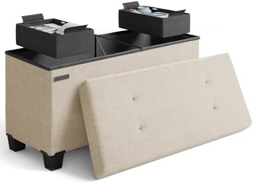 Storage Ottoman Bench with Bins, 30-in Storage Bench for Bedroom End of Bed, Folding Foot Rest Ottoman for Living Room Max 660lbs, Fabric Ottomans, Beige by STORAGEBUD