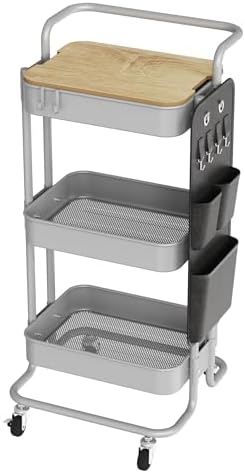 DTK 3-Tier Rolling Cart with Table Top, Metal Utility Cart with Side Bags by DTK