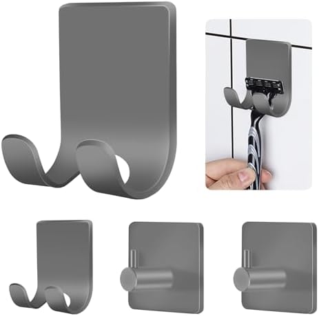 CGBE 4 Pack Shower Hooks - Self Adhesive Shaver Holder Hanger for Bathroom, Damage Free Wall Hooks for Razor, Loofah Sponge - Grey by CGBE