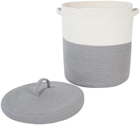 Large Storage Basket with Lid 60L, 16"Wx18"H Woven Laundry Hamper Basket with Handle, Room Decor Cotton Rope Wicker Basket Toy Organizer Bins for Clothes Blankets Pillows, Gray/White Mix includes Lid - Image 7