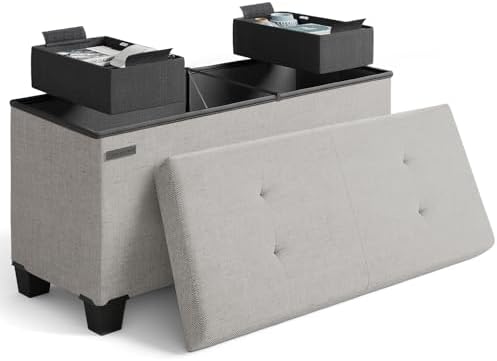 Storage Ottoman Bench with Bins, 30-in Storage Bench for Bedroom End of Bed, Folding Foot Rest Ottoman for Living Room Max 660lbs, Fabric Ottomans, Light Grey by STORAGEBUD