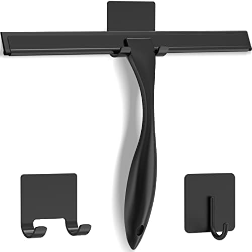 All-Purpose Stainless Steel Shower Squeegee for Shower Doors with 2 Adhesive Hooks, Bathroom Cleaner Tool Household Window Mirror Squeegee for Home Cleaning, Glass Door, Tile Wall, Car, 14 Inch Black by DOCROK