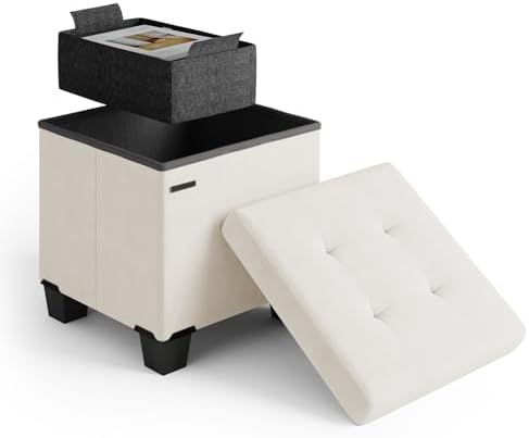 Storage Ottoman Cube with Small Bin, 15-in Square Ottoman with Storage for Living Room and Bedroom, Small Ottomans Foot Rest, Velvet Foot Stools Ottomans Max 330lbs, Cream by STORAGEBUD