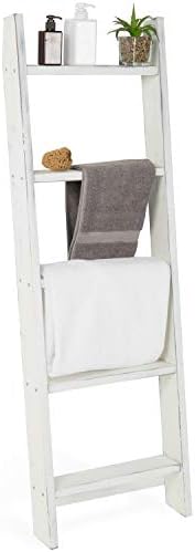 MyGift Large Whitewashed Wood Ladder Blanket Ladder, Farmhouse Style Wall Leaning Towel Rack with 5 Rungs (Vintage White) by MyGiftHome