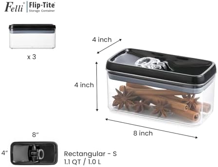 Felli Flip Tite Food Storage Container with Lid 4” RECTANGLE Airtight Ring Flip Lock Top, Stackable Acrylic Canister Set for Kitchen Fridge Pantry Organizer,(1.1 qt) - Image 3