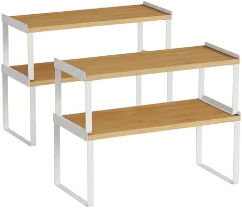 Goozii 4 Pack Stackable Cabinet Shelves Organizer, Shelf Rack with Anti-Fall Lips for Kitchen Pantry Coffee Bar Countertop Storage (Bamboo White) by Goozii