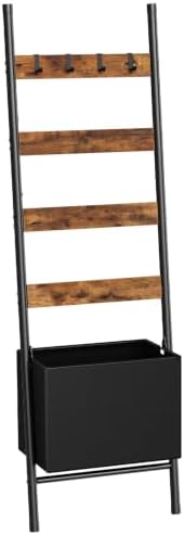 HOOBRO Blanket Ladder with Basket, 17.3" L x 74" H, Towel Rack with Hooks, Blanket Holder Rack, Decorative Ladder Shelf, Drying and Display Rack for Bathroom, Living Room, Rustic Brown BF111CJ01 by HOOBRO