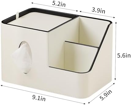 PU Leather Square Tissue Box Cover with Magnetic Closure, Tissue Holder with Storage Tray & Remote Control Organizer, for Nightstand, Living Room, Bathroom, Office Desk (White) - Image 4