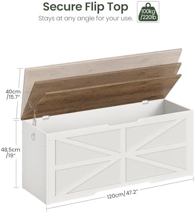 CHOEZON Storage Chest, 47.2" Wooden Storage Trunk, Modern Storage Bench with Safety Hinge, Toy Box, Farmhouse Style, for Bedroom, Living Room, Walnut and White MCW16WL - Image 3