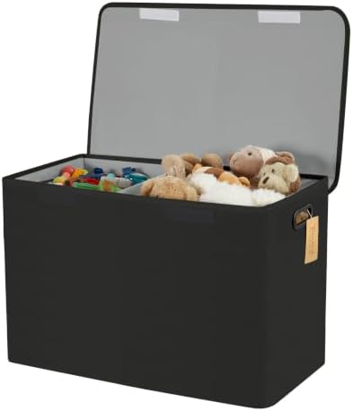 Large Toy Storage Box with Lid, Collapsible Toys Storage Organizer Bins with Dividers and Handles, Storage Chest Bin for Kids, Boys, Girls, Nursery 25"x13" x16" (Black) by Roobyl