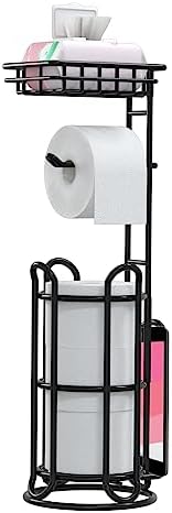 [Upgrade] Toilet Paper Holder Stand with Shelf Tissue Holders for Bathroom Free Standing Bath Tissue Roll Holder Magazine Rack for Mega Rolls/Phone/Wipe-Black by TreeLen