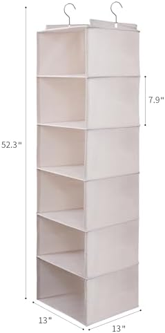 Large Hanging Sweater Organizer for Closet,Collapsible 6-Shelf Hanging Closet Shelves with Drawers, Washable (Beige -6 Shelf-2 d) - Image 2