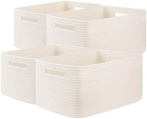 OIASKET 4Packs Natural Cotton Rope Storage Baskets for Organizing Toys, Clothes, Towels & Books, Soft Versatile Organizers for Shelves, Home Decorative Bins, 15.7''Lx11.8''Wx7.8''H, White by OIASKET