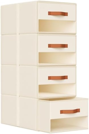 DIMJ Closet Organizers and Storage - Pull-out Fabric Bins with Drawers for Closet Foldable Clothes Organizers with Clear Window, Stackable Storage Drawers for Bedroom,Living Room,Shelf,4-Pack, Beige by DiMJ