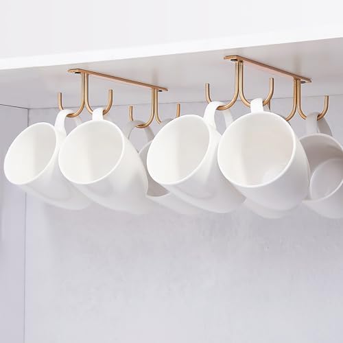 FOMANSH Mug Rack Under Cabinet - Coffee Cup Holder, 8 Mugs Hooks Under Shelf, Display Hanging Cups Drying Hook for Bar Kitchen Utensils Gold by FOMANSH