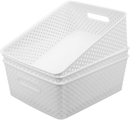 MaxGear 3 Pack Plastic Storage Baskets, Large, White by MaxGear
