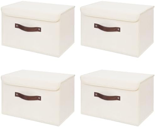 ANMINY Fabric Storage Box Bins with Lids, Beige, 13"x9"x7.9", 4 Pack by ANMINY