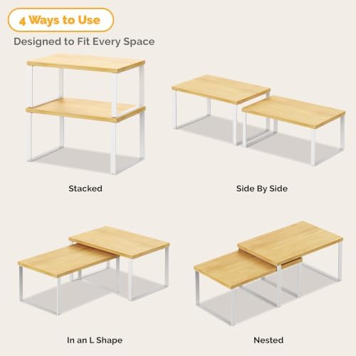 Kitchen Cabinet Organizer Shelf, Set of 4 Wood Kitchen Counter Shelves Riser with Metal Legs, Stackable Expandable Kitchen Storage Spice Rack, Can Cup Dish Organizer, Bamboo - Image 6