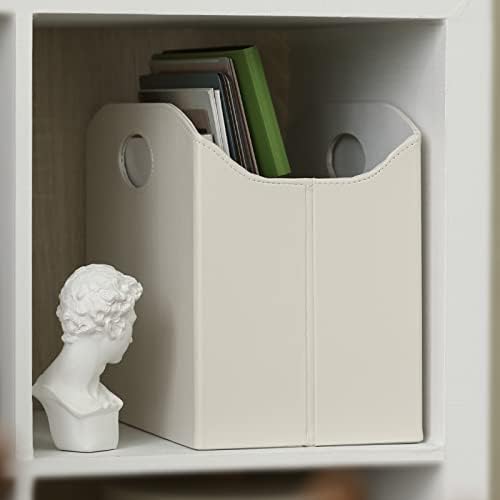 EZDeco Magazine Holder Foldable Magazine Rack Floor PU Leather File Holder Newspaper Book Storage Magazine Basket Document File Folder Organizer for Office Home (Off-White) - Image 3