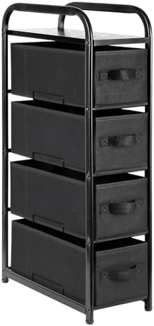MAX Houser 4 Drawer Narrow Dresser Fabric Storage Tower Vertical Slim Storage Chest Organizer Nightstand Side/End Table Small Standing Organizer Removable Drawers Wood Top for Bedroom, Bathroom（Black by MAXHouser