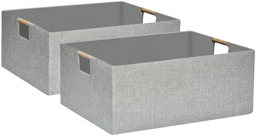Collapsible Storage Box for Women - Foldable Home Organizer 16.9x12.5x7Inches with Wooden Handles | Closet, Bathroom & Kids Room Storage | Heavy-Duty Linen Fabric 2Pack by FUULOXE