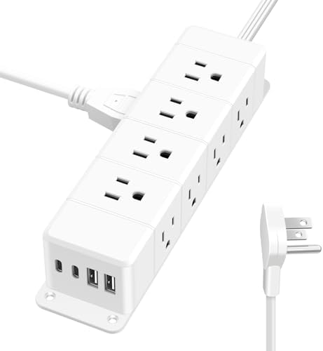 30W Under Desk Power Strip with Switch 12 Outlet 4 USB 1200J 6FT White by ANNQUAN