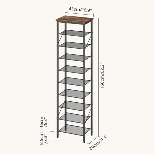 MAHANCRIS 10 Tier Narrow Shoe Rack Organizer, Tall Slim Shoe Storage for Small Space, Holds 10-20 Pairs, Metal Shoe Shelf with Wooden Top for Entryway Closet Bedroom, Rustic Brown and Black SRHR11401 - Image 3