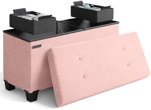 Storage Ottoman Bench with Bins, 30-in Storage Bench for Bedroom End of Bed, Folding Foot Rest Ottoman for Living Room Max 660lbs, Fabric Ottomans, Pink by STORAGEBUD