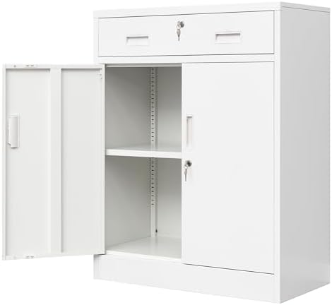 Wanfu Metal Storage Cabinet, Locking Cabinet with 1 Drawer and Adjustable Shelf, 36" H x 28" W x 16" D Steel Storage Cabinet for Office, Garage, Home-White by Wanfu