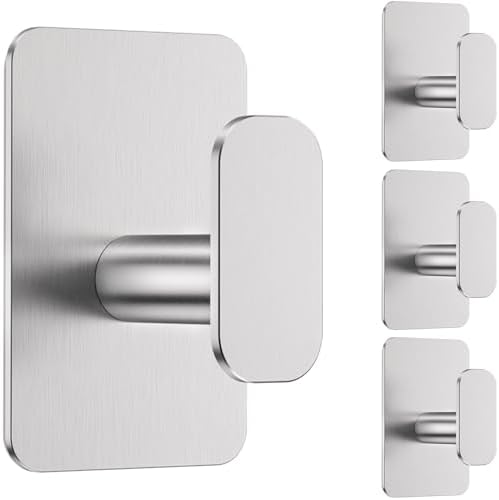 Large Heavy Duty Wall Hooks - 26lb Max, Stainless Steel Adhesive Towel Hooks for Hanging Towel, Coat, Robe, Hat, Sticky Towel Holder for Wall Mount in Bathroom, Shower, Kitchen(Silver, 4 Pack) by Eowihor