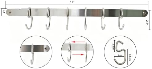 17" Kitchen Utensil Rack Wall Mounted Hanging Rail with 6 Hooks - Image 3
