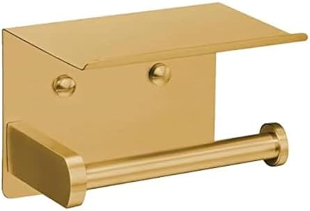 VAEHOLD Self Adhesive Toilet Paper Holder with Phone Shelf Stainless Steel Wall Mounted Toilet Paper Roll Holder - Rustproof and Bathroom Washroom Tissue Roll Holder with Storage Shelf - Gold by VAEHOLD