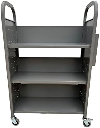 Workington Rolling Book Truck Book Cart with 3 Flat Shelves, Library Book Cart with Swivel Lockable Casters 3001 Gray - Image 5