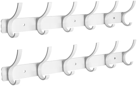 Coat Rack Wall Mounted,6 Coat Hooks for Hanging Coats,Heavy Duty Metal Double Hook Rack Hook Rail,Coat Rack with Hooks,Wall Mount Coat Hanger for Hat Towel Purse Robes (2 Pack White, 6 Hooks) by ZGELIN