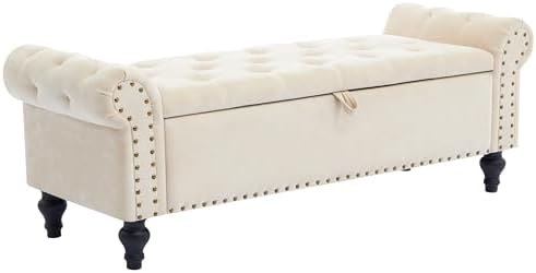 55" Storage Bench for Bedroom, Upholstered Ottoman Bench, Chenille Beige by Unknown