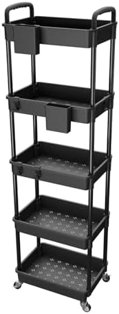 5 Tier Rolling Utility Cart with Handle,REBECAT Utility Cart Made of Multifunctional Storage Organizer Tool for Kitchen,Bathroom,Living Room,Office(Black) by REBECAT