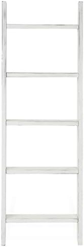 MyGift Large Whitewashed Wood Ladder Blanket Ladder, Farmhouse Style Wall Leaning Towel Rack with 5 Rungs (Vintage White) - Image 5