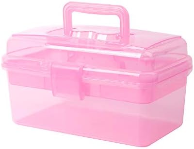 Multipurpose Plastic Storage Container Organizer Box Case with Removable Tray and Handle for Art, Craft, Sewing Supplies, Clear&Pink by BangQiao