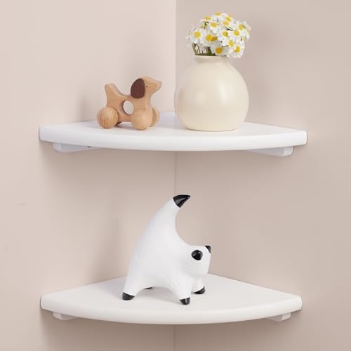 Gieanoo Floating Corner Shelves Set 2 9inch White Solid Oak Rounded Corner Shelves Wall Mounted with Cable Hole Wood Corner Hanging Shelves for Living Room Bedroom Bathroom Kitchen by GIEANOO