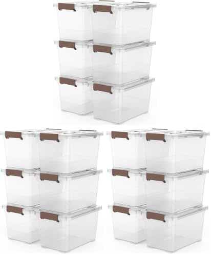 WYT 18-Pack Clear 7 Quart Storage Latch Box/Bins, Plastic Stackable Latching Box with Brown Handle and Lid, Multi-Purpose, 7 Litre by WYT