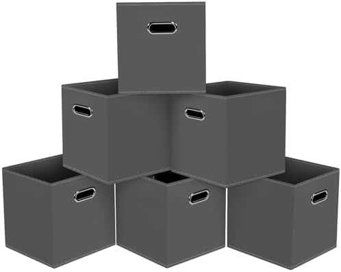 Black Foldable Storage Cubes Bins, Fabric Storage Box Cubes Organizer Baskets with Dual Handles for Home Organizer,Set of 6,(Gray) by HEAYEEG