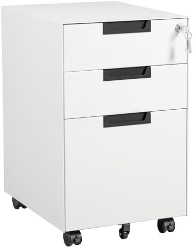 Letaya 3 Drawer Mobile File Cabinet with Lock,Under Desk Metal Small Filing Cabinets for Home Office Organizer Letters/Legal/A4(Fully Assembled Except Wheels-White) by LetayaMetalCabinets