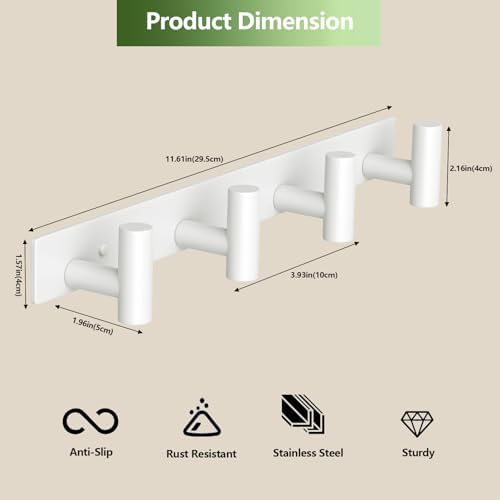 Wall Mounted Coat Rack-4 Hooks, Heavy Duty Stainless Steel Wall Hooks for Towel Coat Bag, Hat Rack Coat Hanger Coat Hooks Towel Racks for Bathroom Entryway Kitchen Office (White, 1 Pack) - Image 2