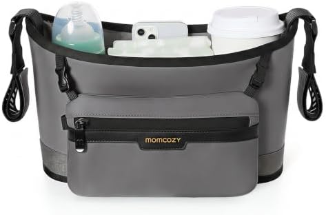 Momcozy Universal Stroller Organizer, Slim Stroller Caddy with 2 Insulated Cup Holders, Non-Slip Silicone Straps, Detachable Mini Pouch, Dense-Weave Parent Console for UPPAbaby, Doona, Graco & More by Momcozy